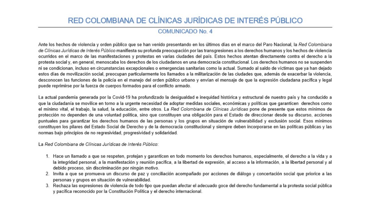Comunicado de la Red Colombiana de Clínicas Jurídicas de Interés Público